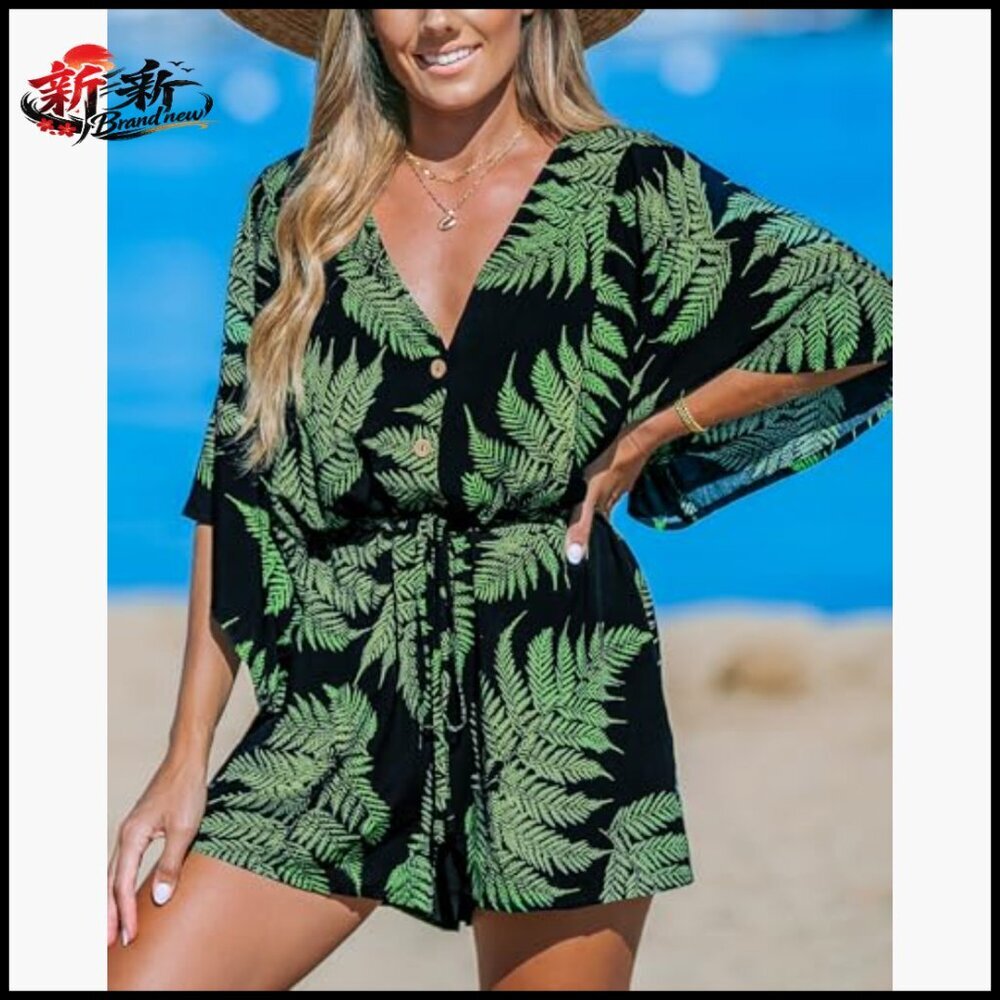 Polyester Romper with V-Neck and Tie Waist for Summer Beach Wear - Picture 3 of 6